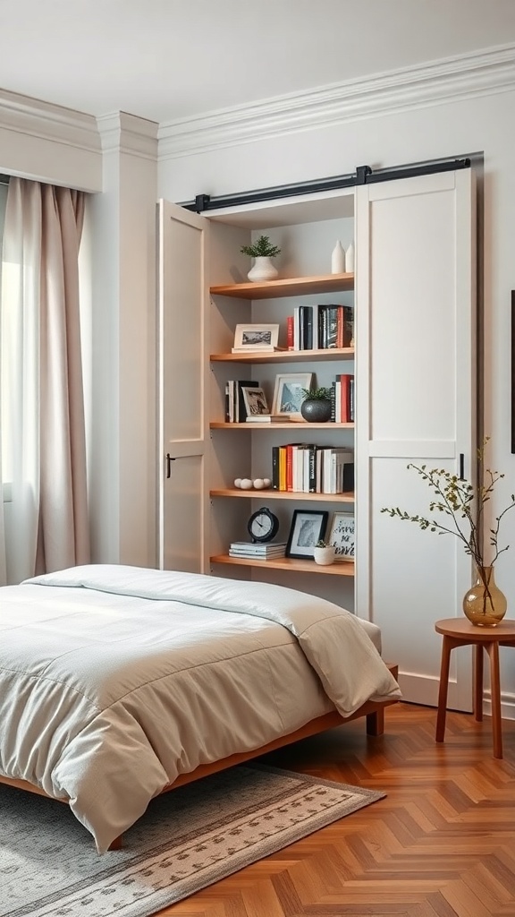 A modern sliding door bookshelf in a compact bedroom setting, featuring books and decorative items.
