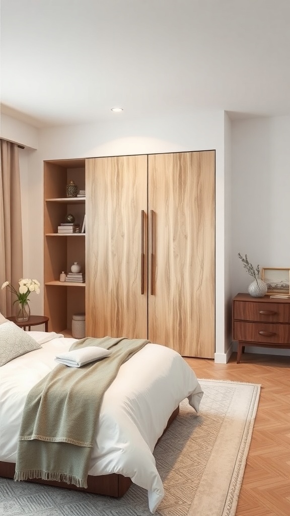 A cozy bedroom featuring a sliding door cupboard made of light wood, an open shelf, and a neatly made bed.