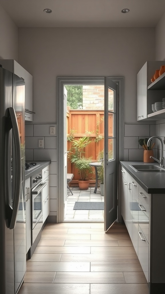 A tiny kitchen featuring a sliding door that opens to an outdoor patio.