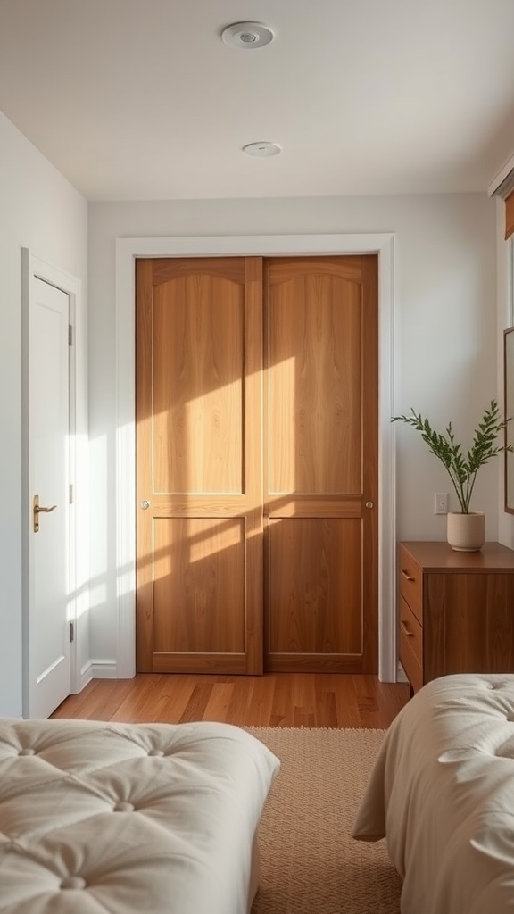 A cozy square bedroom featuring wooden sliding doors, two beds, and natural light