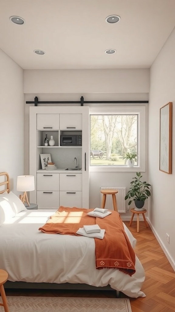 A cozy bedroom with a sliding door leading to a compact kitchen area, featuring modern design elements.