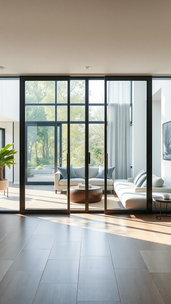A modern living room with sliding glass doors leading to a serene outdoor space, showcasing a stylish interior.