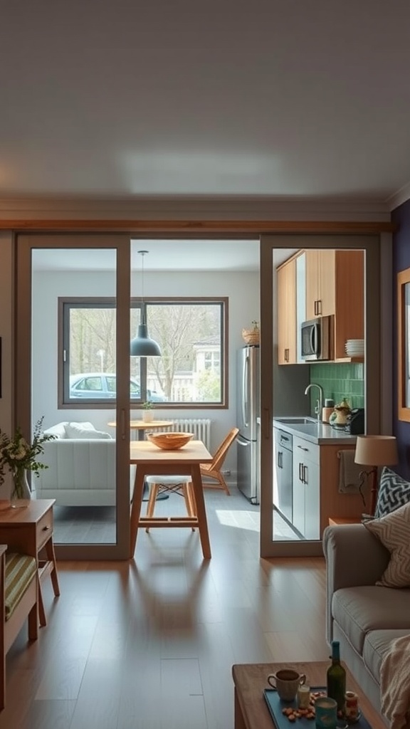 A cozy living room area showing sliding doors leading to a small kitchen space.