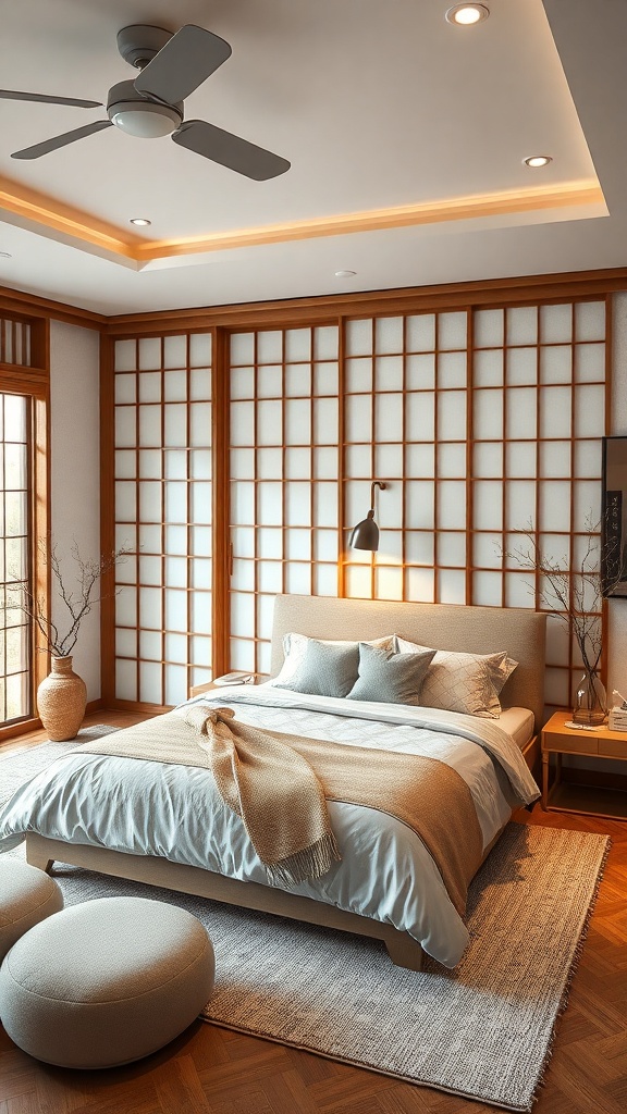 A serene Japandi bedroom featuring sliding Shoji screens, a cozy bed, and warm wooden accents.