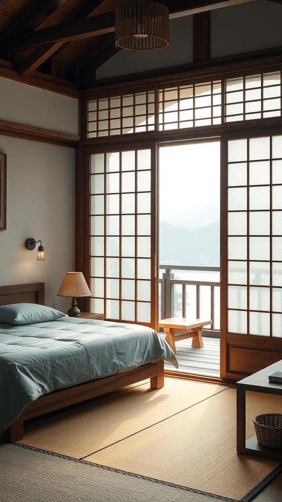 A serene bedroom featuring sliding Shoji style doors, wooden furniture, and a view.