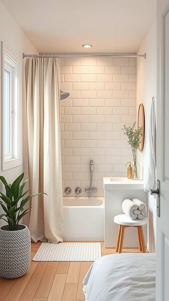 A small bathroom featuring a sliding shower curtain, modern fixtures, and a plant.