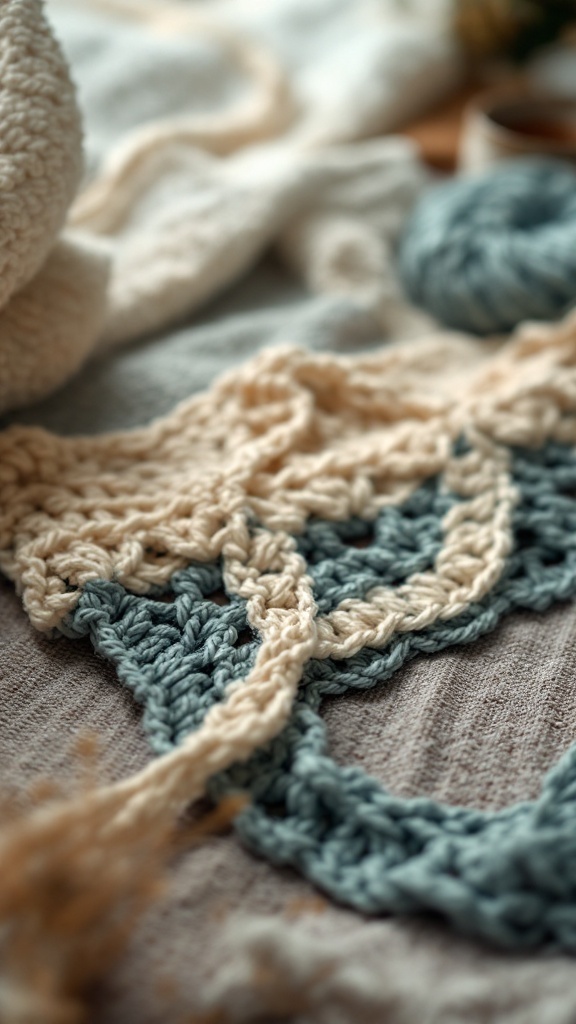 A close-up image of crochet work showing slip stitches in contrasting colors on a soft fabric background.