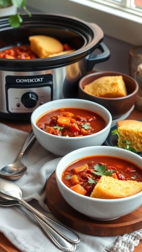 A bowl of chili with cornbread served next to a slow cooker.