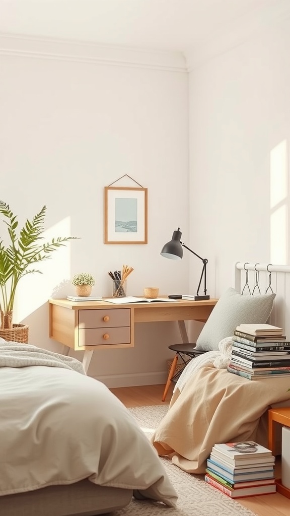 A small desk with a lamp and stationery in a cozy bedroom with a bed and stacked books.