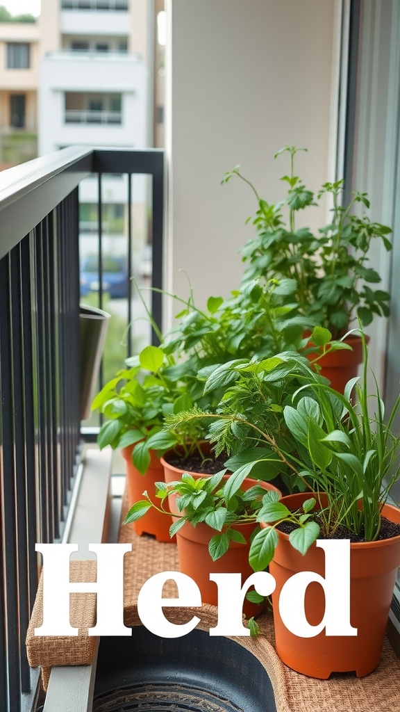 A balcony with potted herbs in orange pots