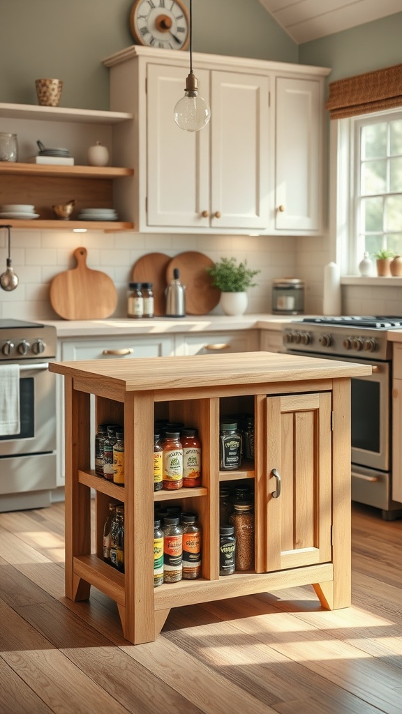 Small kitchen island with built-in spice rack in a cozy kitchen setting.