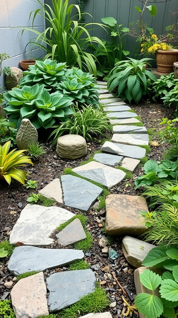 A small garden with a stone pathway surrounded by various plants.