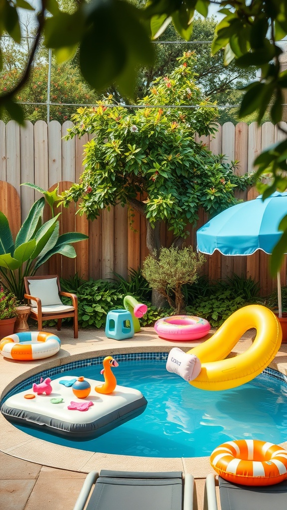 A colorful backyard pool scene with various floats, pool toys, and an umbrella