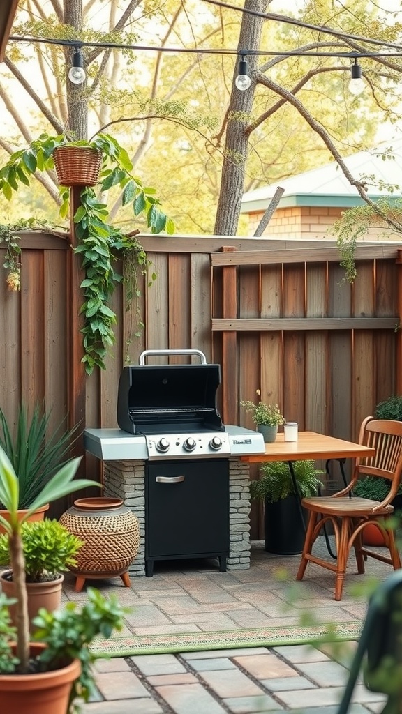 Small backyard barbecue area with a grill, table, and plants