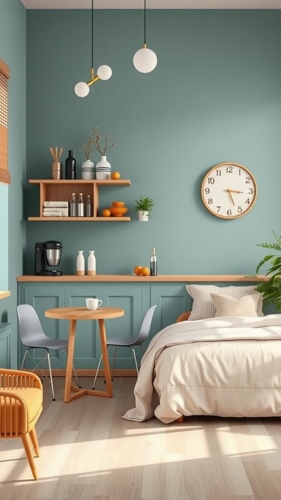 A cozy coffee bar setup in a small space featuring blue walls, wooden shelves, and light-colored furniture.