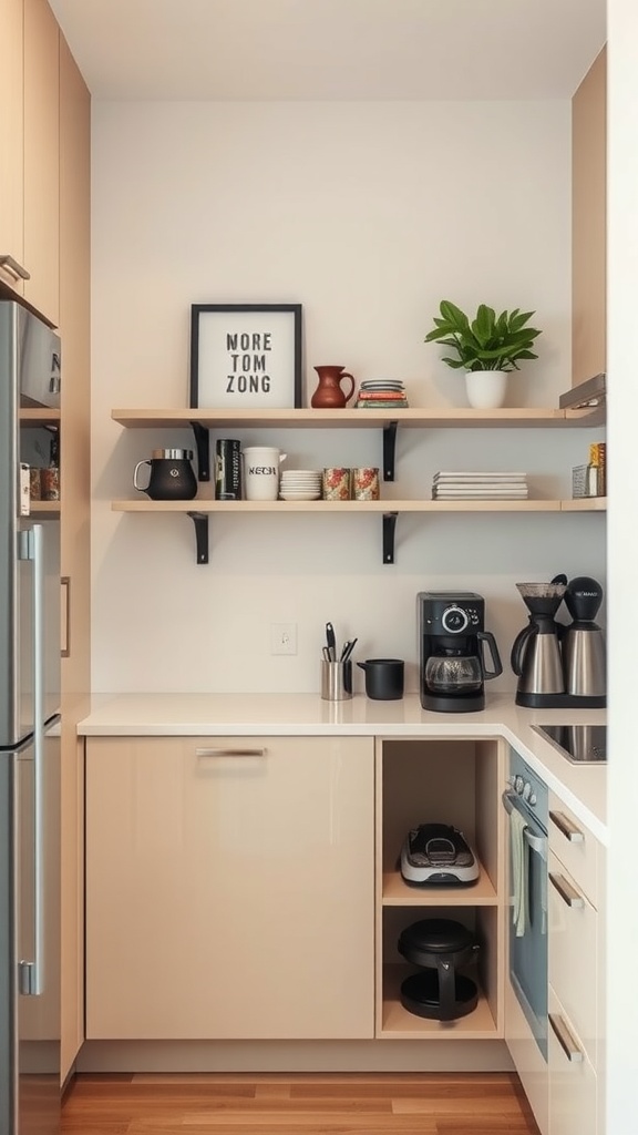Small coffee corner with shelves, coffee maker, and decorative items in a compact kitchen