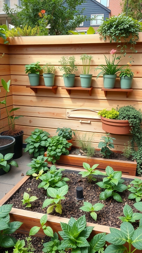 Small space garden bed with vertical herb planters and various plants.