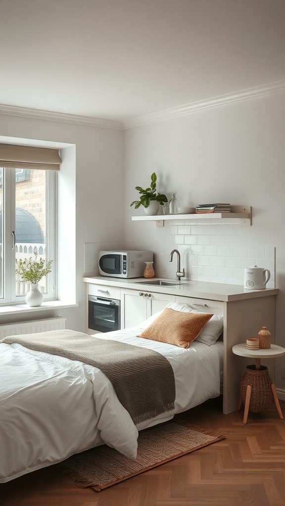 A small kitchen with a bed, showcasing smart appliance choices like a microwave and oven integrated into cabinetry.