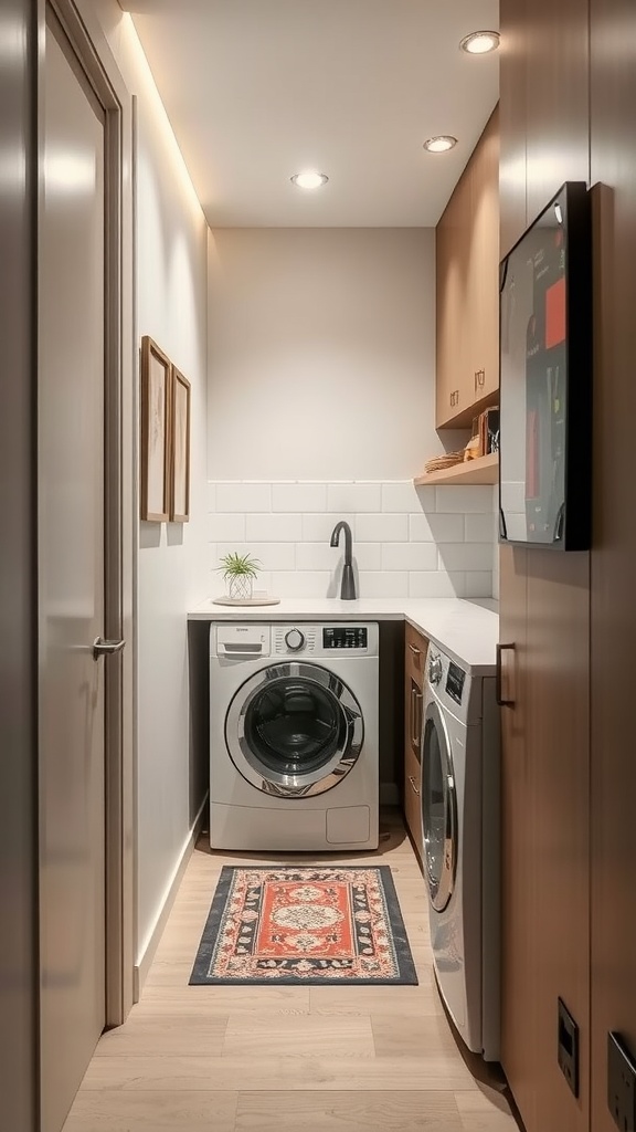 A compact laundry room in a hallway featuring modern appliances and wooden cabinetry.