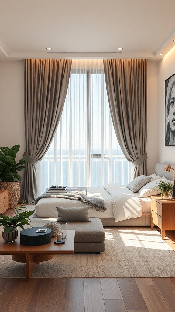 A stylish living room with automated smart curtains and a cozy atmosphere.