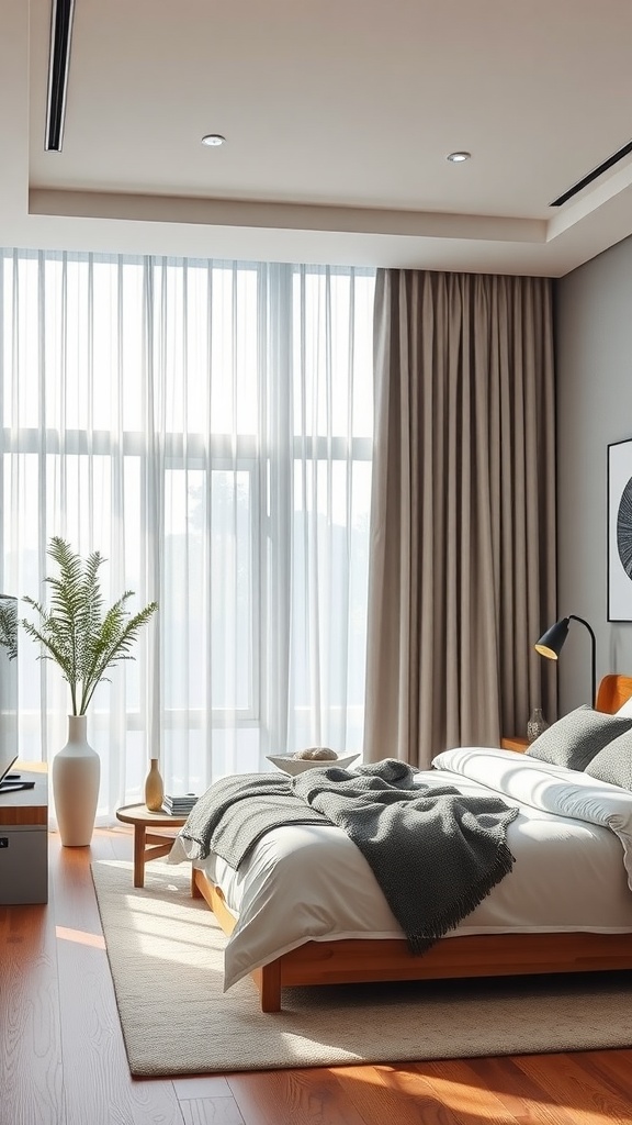 A cozy bedroom with automated curtains allowing soft sunlight to filter in, featuring warm wooden furniture and a serene atmosphere.