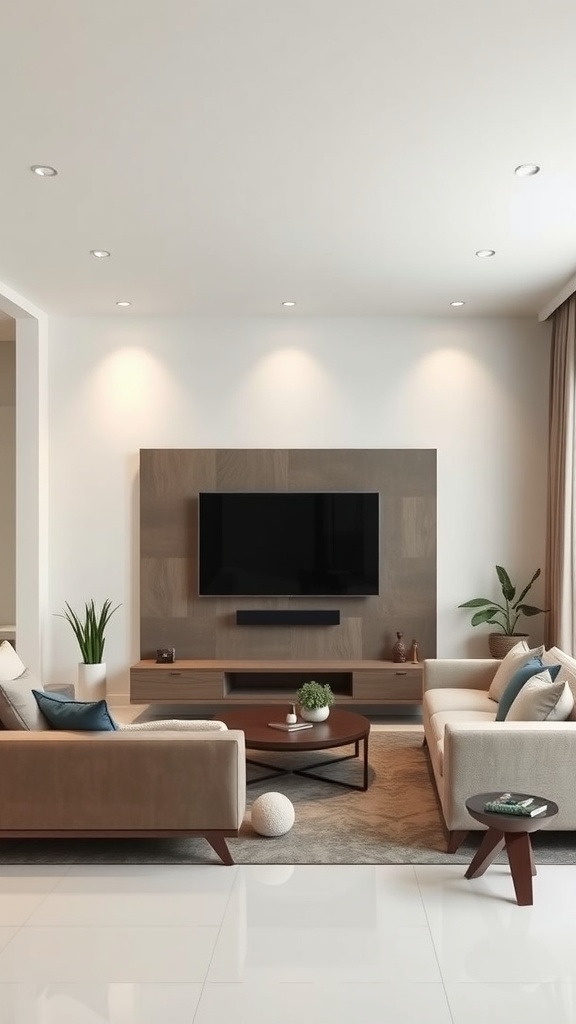 A modern living room featuring a wall-mounted TV, a wooden media console, and stylish furniture, showcasing smart home features.