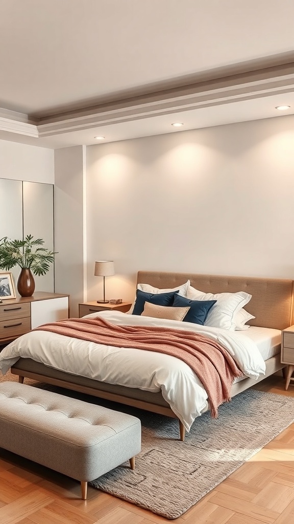 A stylish luxury master bedroom featuring a cozy bed, soft lighting, and modern decor.