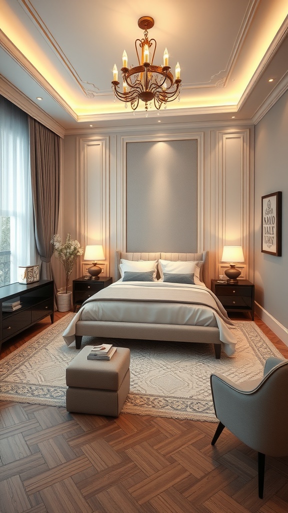 A luxurious bedroom featuring elegant decor, a chandelier, and smart home features.