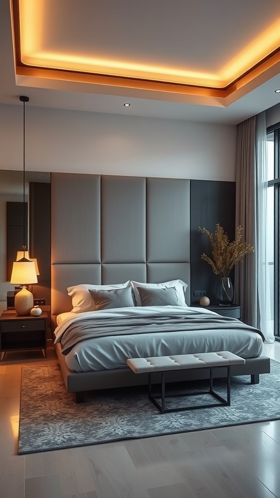A modern luxury bedroom featuring smart home integration with stylish decor and soft lighting.