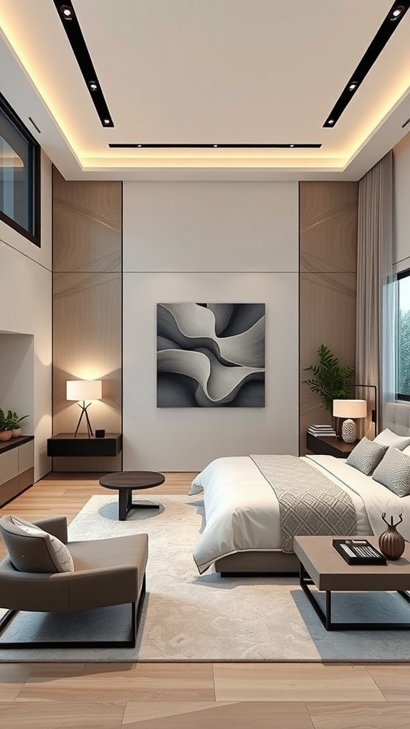 A modern mansion bedroom featuring sleek furniture, soft colors, and smart home technology.