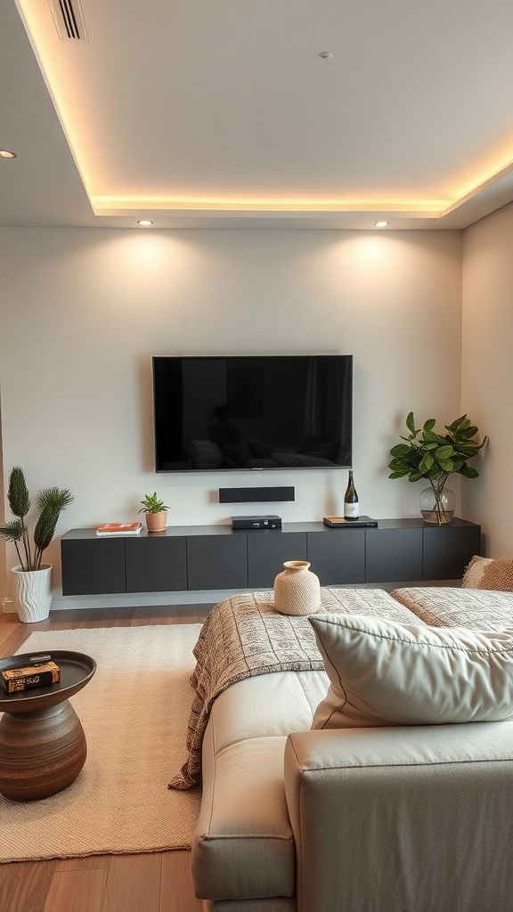 A modern living room featuring a wall-mounted TV, stylish furniture, and smart home technology.