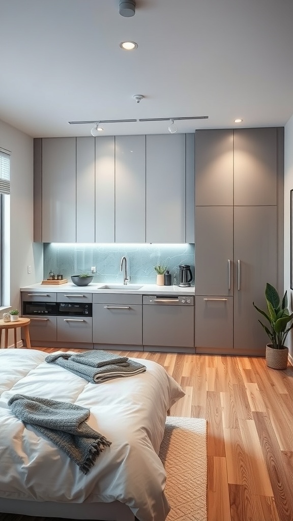 A modern kitchen featuring gray cabinets, wooden flooring, and smart appliances.