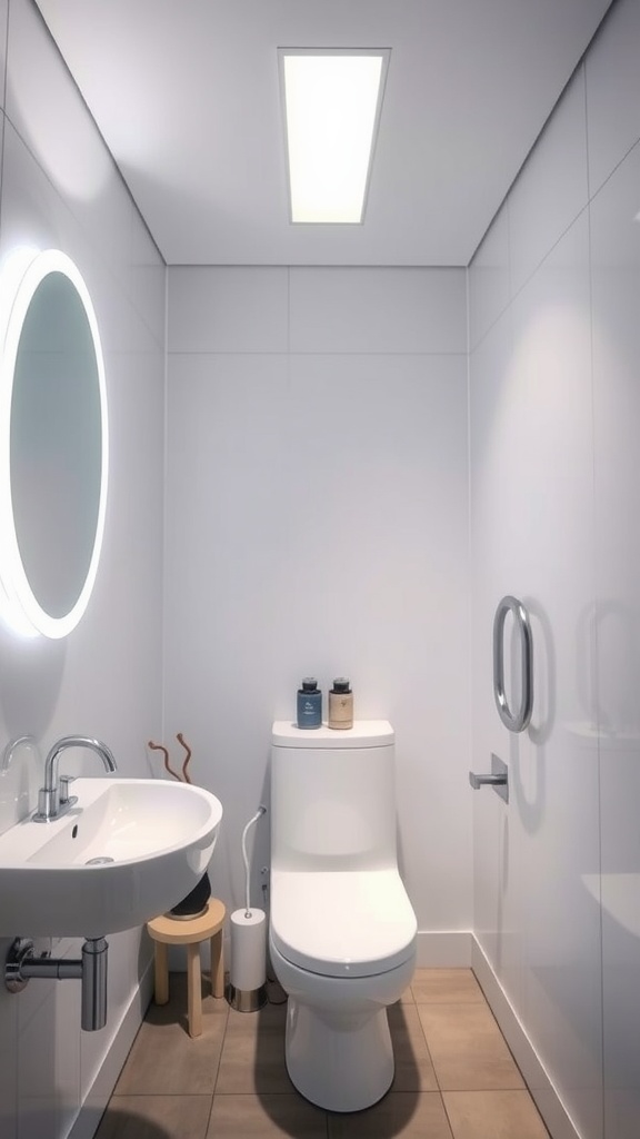 A small modern bathroom featuring smart lighting fixtures, including a sleek ceiling light and a round mirror with built-in lighting.