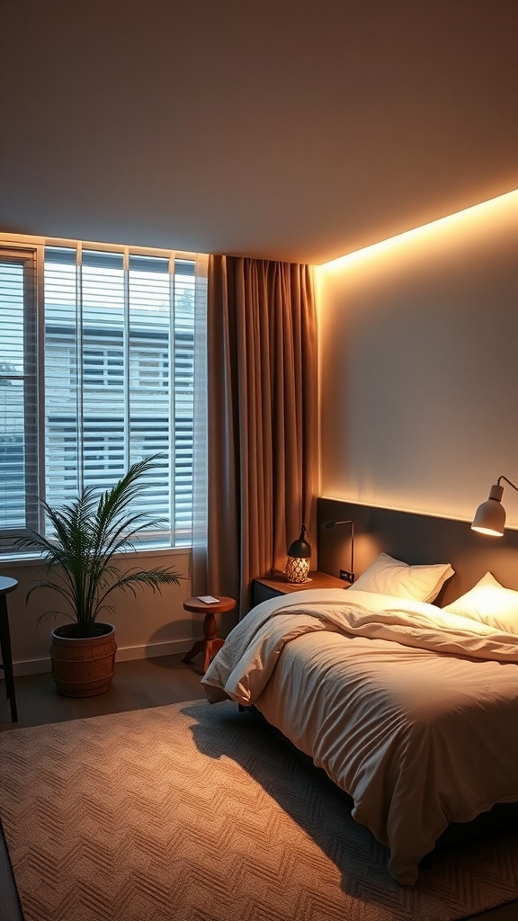 Cozy shared bedroom with warm lighting and plants