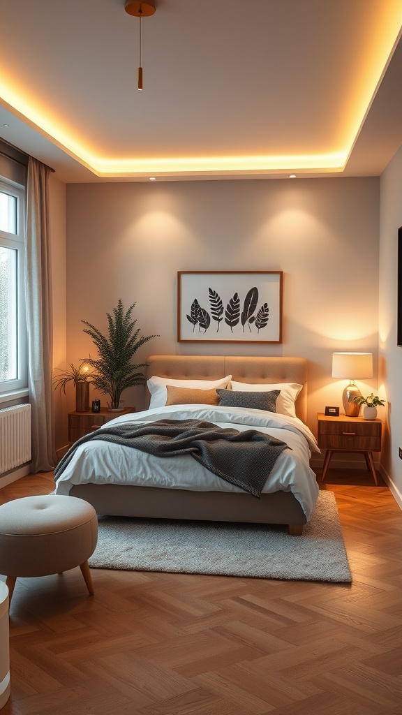 A stylish small bedroom featuring warm lighting, a cozy bed, and modern decor.