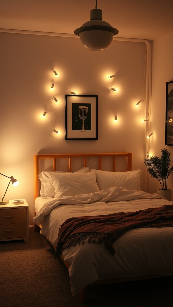 A cozy small guest bedroom with warm lighting from a ceiling pendant, string lights on the wall, and a bedside lamp.