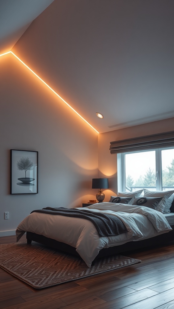 A cozy bedroom with a sloped ceiling featuring warm LED lighting along the edges, enhancing the space's character.