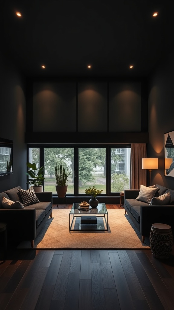 A stylish black living room featuring smart lighting solutions with recessed lights and warm accents.