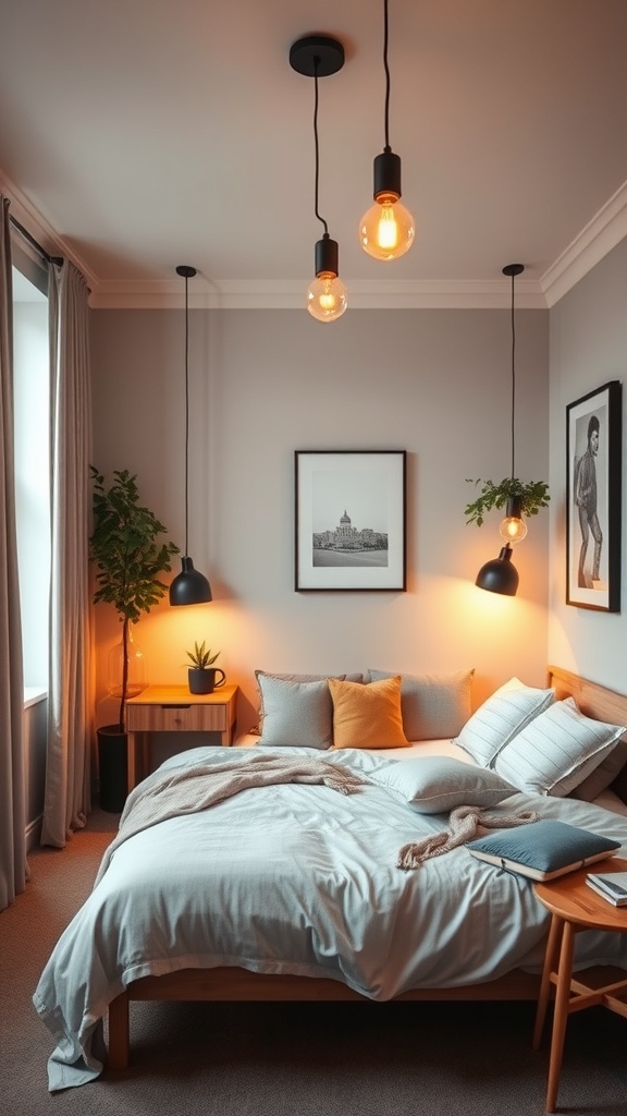 Cozy bedroom with stylish pendant lights and plants, showcasing smart lighting solutions.
