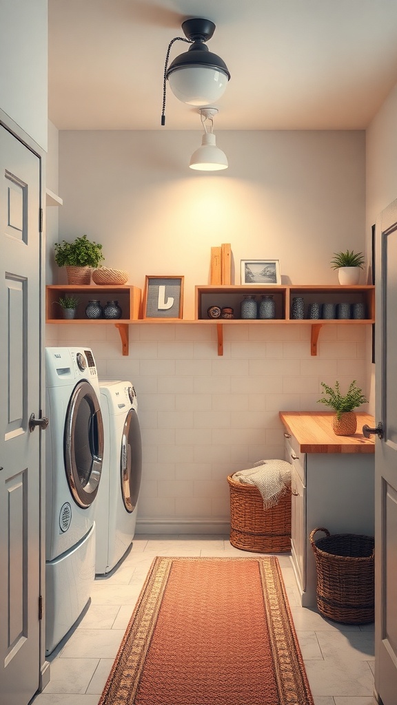 A small laundry room featuring bright lighting, stylish decor, and organized shelves.