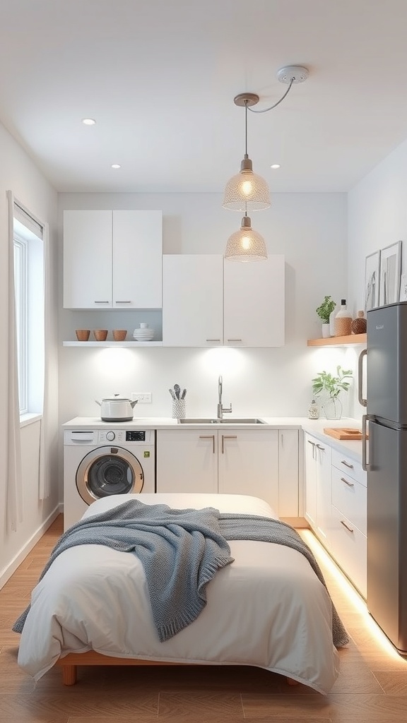 A small kitchen with smart lighting solutions, featuring pendant lights and under-cabinet lighting.