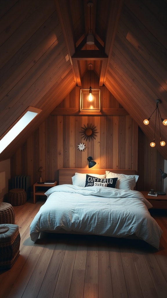 A cozy attic bedroom featuring warm lighting, wooden walls, and a comfortable bed.