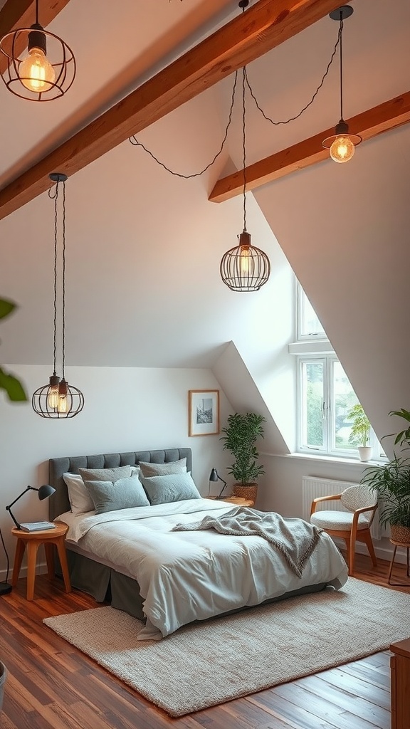 A cozy loft bedroom with stylish pendant lights, a comfortable bed, and large windows.