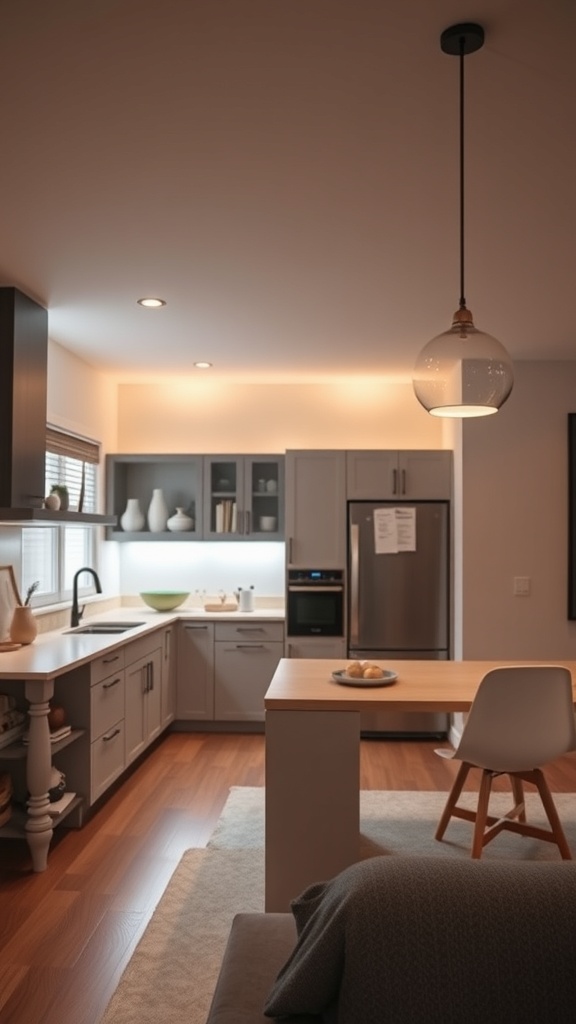 A modern kitchen featuring a pendant light over an island, with under-cabinet lighting and a cozy atmosphere.