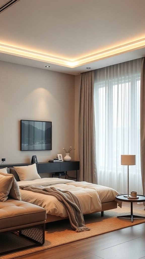 A modern living room with smart lighting, featuring a cozy bed, stylish decor, and soft, warm light.