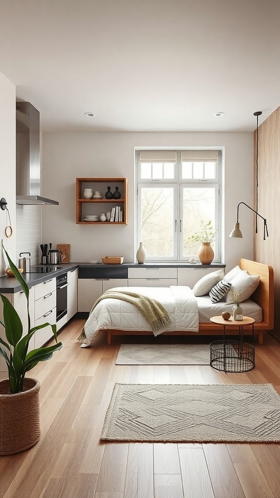 A Japandi kitchen with an integrated living space, featuring a small bed, plants, and neutral decor.