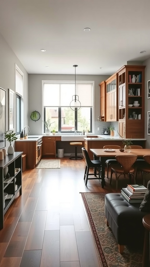 A modern open space kitchen and living room with smart storage solutions