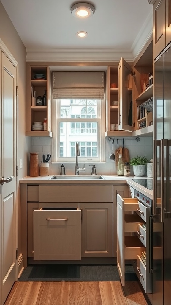 A compact kitchen showcasing smart storage solutions with cabinets and organized drawers.