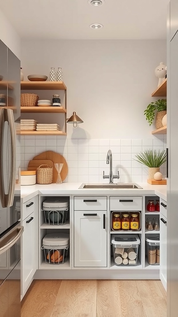 A modern Japandi kitchen showcasing smart storage solutions with open shelves and organized cabinetry.