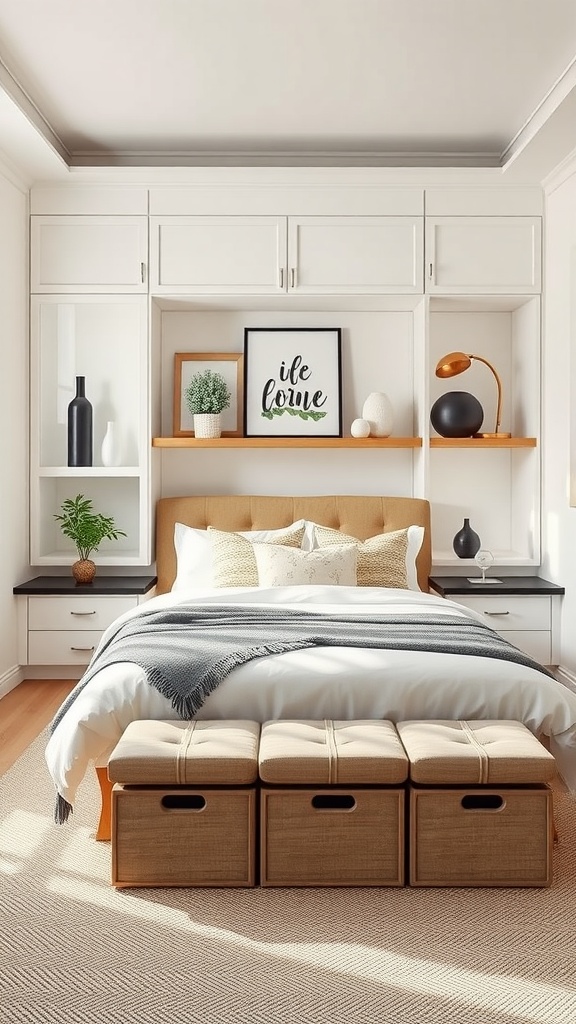 A small masculine bedroom featuring a bed with a storage ottoman and built-in shelves for organization.